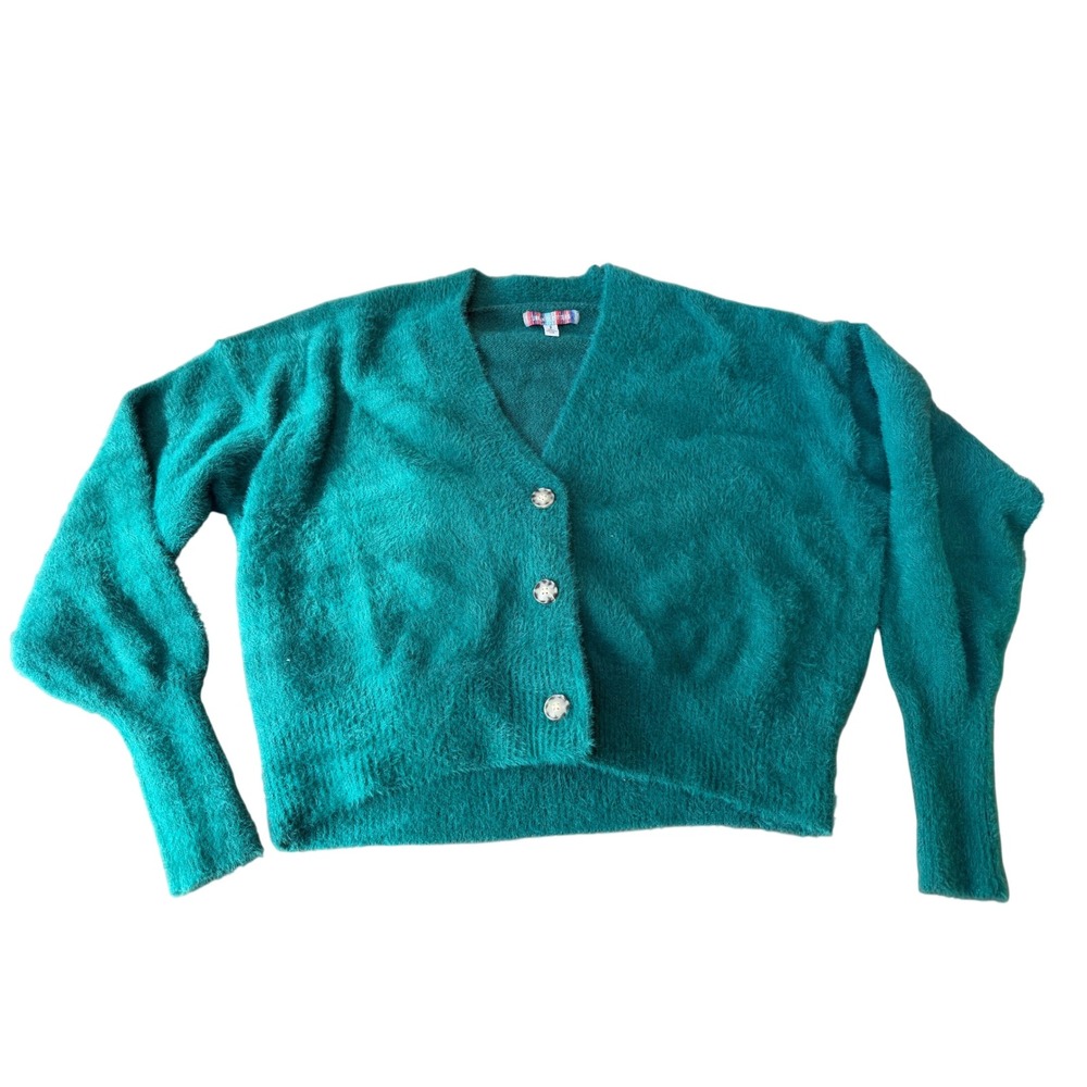 Urban Outfitters Teal Green Fuzzy V-Neck Button Front Cardigan Sweater Small